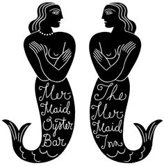 two mermaids with their backs turned to each other, one is holding the other's hand