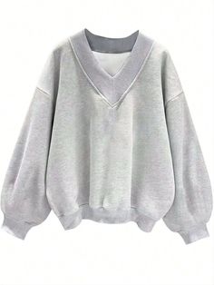 SHEIN EZwear Casual & Simple Women's Oversize Grey V-Neck Loose Fit SweatshirtI discovered amazing products on SHEIN.com, come check them out! Fall 2024 Fashion, Crop Pullover, 2024 Fashion Trends, Cropped Pullover, Korean Casual, 2024 Fashion, Korea Fashion, Fashion Korean