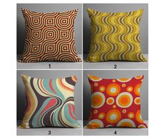 four pillows with different patterns on them and numbers in the bottom right corner, below