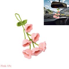 pink flowers are hanging from the side of a car