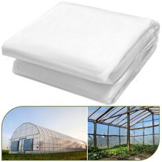 an image of the inside of a greenhouse with white sheets on top and green plants in the background