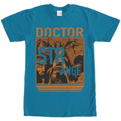 a blue doctor strange t - shirt with an orange design