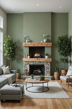 a living room filled with furniture and a fire place in the middle of a room