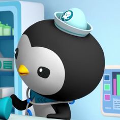 a cartoon penguin with a hat on its head is standing in front of a refrigerator