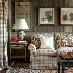 Modern cottage interior, mixing textures and patterns, including floral fabrics, stripes, checks, wood, and linen, creating a rich, layered look that complements the overall color palette2 Plaid Sofa