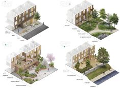 four different views of an apartment building with trees and people in the courtyard, from top to bottom