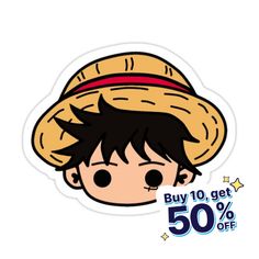 a sticker with an image of a boy wearing a straw hat on it's head