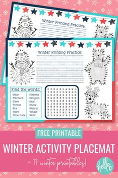 printable winter activity placemat for kids with snowflakes and stars on it