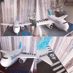 three photos of an airplane cake with blue and white icing on it's sides