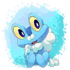 a blue cartoon character with big eyes sitting on the ground in front of a blue background