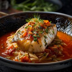 a fish dish with pasta and vegetables in a bowl