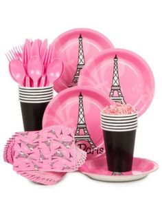 pink party supplies with the eiffel tower in the middle and black cups on top