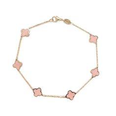 14K YELLOW GOLD LIGHT PINK AGATE CLOVER STATION BRACLET Made in Italy Bracelet Length: 7 inches This piece is perfect for everyday wear and makes the perfect Gift!  We certify that this is an authentic piece of Fine jewelry. Every piece is crafted with the utmost care and precision. You are assured of everlasting quality that can be passed on from generation to generation. Elegant Pink 14k Gold Bracelets, Elegant Pink Gold Round Bracelet, خواتم خطوبة, Pink Clover, Station Bracelet, Pink Vans, Rainbow Sapphires, Clover Necklace, Wedding Jewelry Bracelets