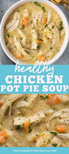 chicken pot pie soup in a white bowl on top of a blue and white background