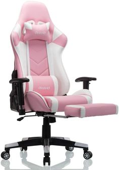 a pink and white computer chair with an image of a cat sitting on it's back