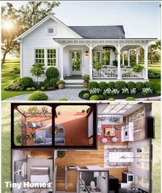 two pictures showing the inside and outside of a small house with porches on each side