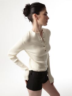 Basic Outfits Minimalist, Henley Sweater, Minimalist Wardrobe, Ribbed Texture, Basic Outfits, Knit Outfit, Neck Designs, Stylish Outfits