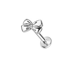 a pair of bowknots on the end of a silver earring with a white background