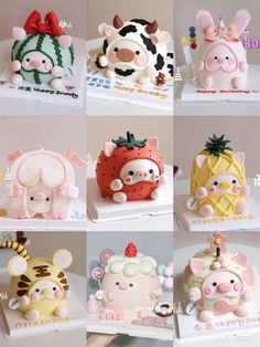 there are many different cakes made to look like animals and pig's in the shape of fruit