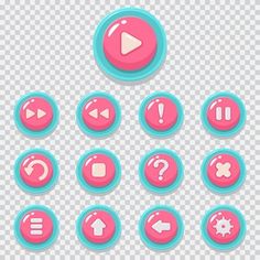 a set of pink and blue buttons on a transparent background with icons for different purposes