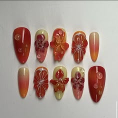 Orange Press On Nails, Nails Tropical, Ombre Nail Art, Long Almond Nails, Sunset Nails, Ombre Nail, Tropical Sunset, Nail Art Ombre