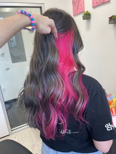 Black Pink Peekaboo Hair, Peekaboo Hair Color Magenta, Pink Hair For Brown Hair, Neon Pink Peekaboo Hair, Hot Pink Peak A Boo Hair, Black And Pink Hair Peekaboo, Peekaboo Dyed Hair For Brunettes, Dark Brown With Pink Underneath, Peekaboo Hot Pink Hair