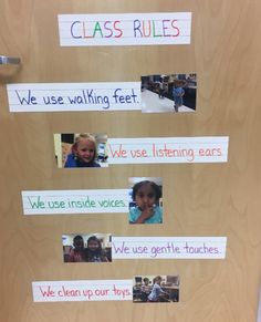 a bulletin board with words and pictures on it that say class rules, we use walking feet, we use listening ears, we use