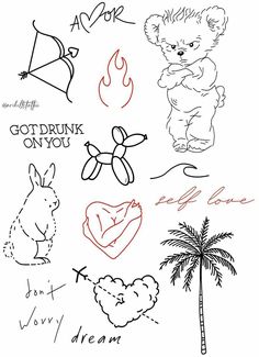 some drawings that are on top of a white sheet with words and animals in it