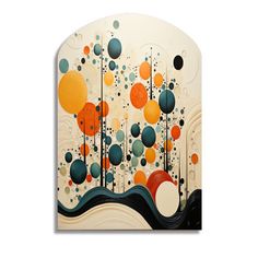 an abstract painting with circles and lines on the side of a white wall mounted plaque