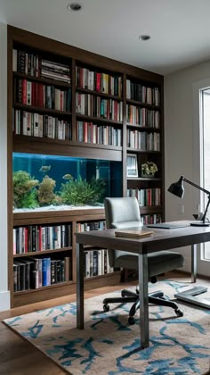 Aquarium-Inspired Home Office Designs Fish Tank Built In Bookcase, Aquarium In Bookshelf, Home Office Aquarium, Beautiful Home Library, Aquarium Home, Home Office Designs, 80s House