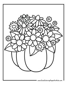 a coloring page with flowers in a pumpkin