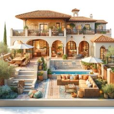 an artist's rendering of a house with patio furniture and outdoor living area in the foreground