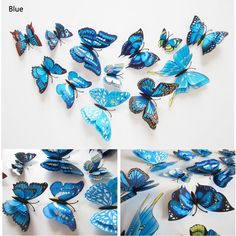 the blue butterflies are arranged on the wall and in different positions, including one with white wings