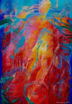 an abstract painting with blue, red and yellow colors