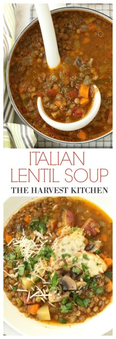 italian lentil soup in a white bowl with parmesan cheese and fresh herbs