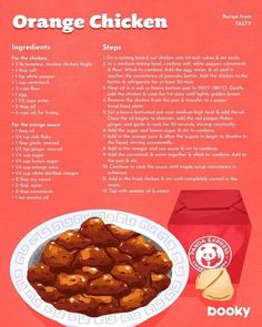 an orange chicken recipe on a red background