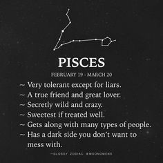 the zodiac sign pisces is written in white on a black background with stars