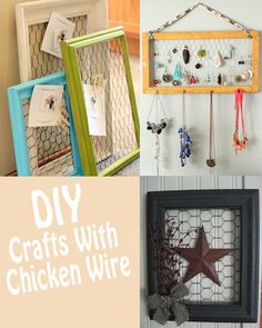 diy crafts with chicken wire hanging on the wall and pictures in frames above them