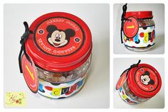 three images show the inside of a mickey mouse jar with various items in it, including candy and candies