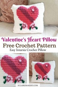 valentine's heart pillow crochet pattern is shown with the text, valentine's heart pillow free crochet pattern