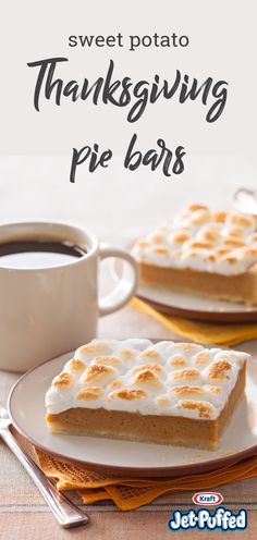 sweet potato thanksgiving pie bars with marshmallows on top and coffee in the background