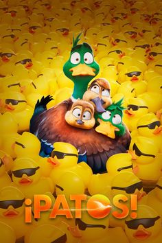 the angry birds movie poster is shown with many yellow ducks and one bird sitting on it's head