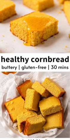 two pictures showing different types of cornbreads and the same one has been cut into squares