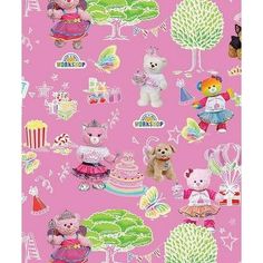 a pink wallpaper with teddy bears and other items on it, as well as trees