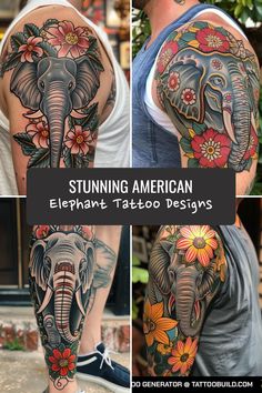 an elephant with flowers on his arm and the words suning american elephant tattoo designs