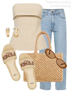 Virtual Stylist Summer, Outfits Capsule Wardrobe, Neutral Summer Outfits, Fendi Sandals, Neutral Outfits, Sunglasses Summer, Tube Tops, Raffia Bag