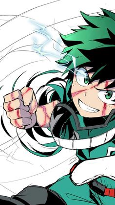 an anime character with black hair and green eyes pointing to the side while holding his fist up