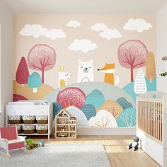 a child's room with a wall mural featuring bears and trees in pastel colors