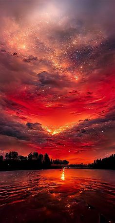 the sky is filled with stars and clouds as it reflects in the water at sunset