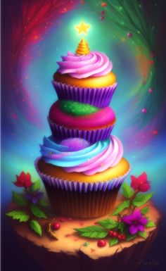 a painting of a cupcake with colorful frosting and a lit candle on top